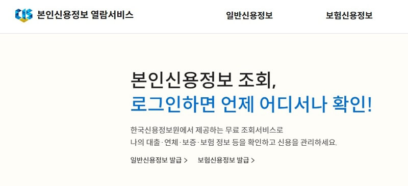 본인신용정보 열람서비스 사이트 화면